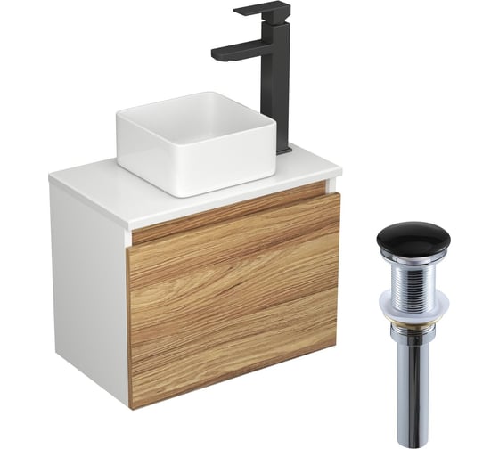 Комплект для ванной Bauedge 4 предмета (тумба Bau Dream Blackwood 50, раковина BAU Mini 24x24, смеситель для раковины высокий Hotel Black, черный, выпуск клик клак, черный) BD1534 1