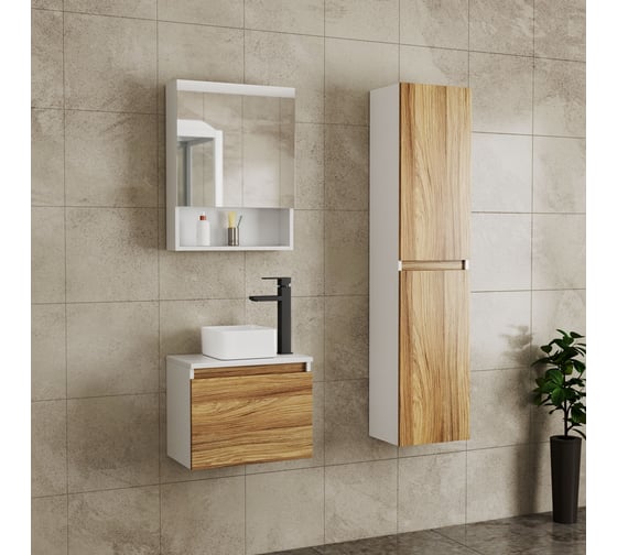 Комплект для ванной Bauedge 4 предмета (тумба Bau Dream Blackwood 50, раковина BAU Mini 24x24, смеситель для раковины высокий Hotel Black, черный, выпуск клик клак, черный) BD1534