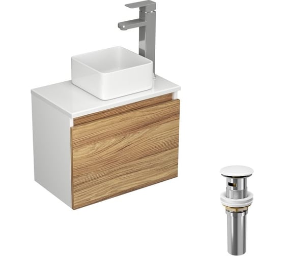 Комплект для ванной, 4 предмета (тумба Bau Dream Blackwood 50, раковина BAU Mini 24x24, смеситель для раковины Potato Hotel, выпуск клик клак, белый) Bauedge BD1259 1