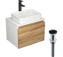 Комплект для ванной Bauedge 4 предмета (тумба Bau Dream Blackwood 60, раковина BAU Hotel 48x37, смеситель для раковины высокий Hotel Black, черный, выпуск клик клак, черный) BD1546