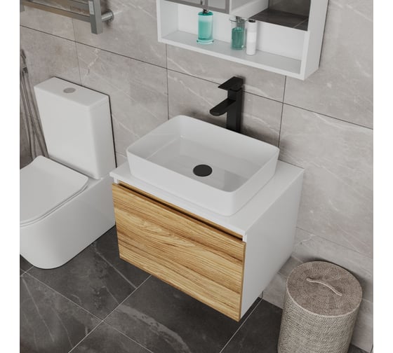 Комплект для ванной Bauedge 4 предмета (тумба Bau Dream Blackwood 60, раковина BAU Hotel 48x37, смеситель для раковины высокий Hotel Black, черный, выпуск клик клак, черный) BD1546