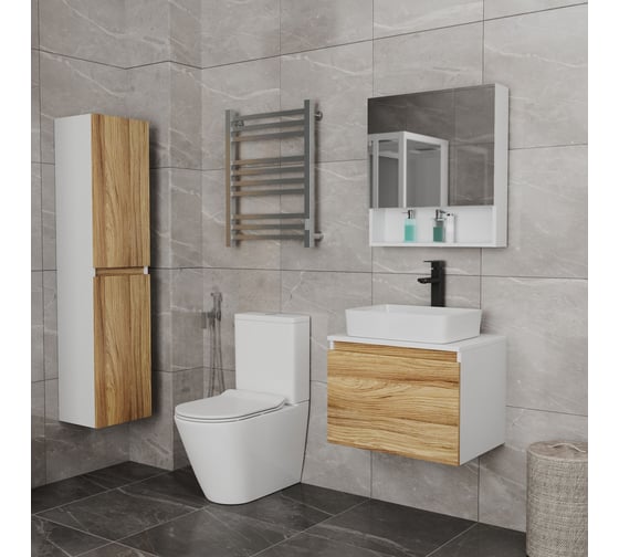 Комплект для ванной Bauedge 4 предмета (тумба Bau Dream Blackwood 60, раковина BAU Hotel 48x37, смеситель для раковины высокий Hotel Black, черный, выпуск клик клак, черный) BD1546