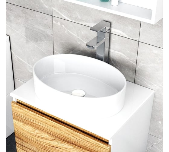 Комплект для ванной Bauedge 4 предмета (тумба Bau Dream Blackwood 60, раковина BAU Nimb 50x36, смеситель для раковины высокий Hotel Still, нержавеющая сталь, выпуск клик клак, белый) BD1557