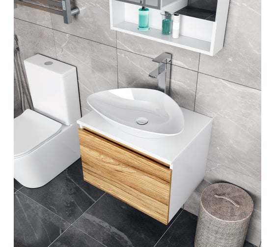 Комплект для ванной Bauedge 4 предмета (Тумба Bau Dream Blackwood 60, раковина BAU Triangle 59x39, смеситель для раковины высокий Hotel Still, нержавеющая сталь, выпуск клик клак, белый) BD1551