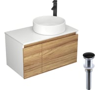 Комплект для ванной Bauedge 4 предмета (тумба Bau Dream Blackwood 80, раковина BAU Dream круглая D41, смеситель для раковины высокий Hotel Black, черный, выпуск клик клак, черный) BD1588