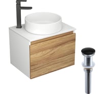 Комплект для ванной Bauedge 4 предмета (тумба Bau Dream Blackwood 60, раковина BAU ream круглая D41, смеситель для раковины высокий Hotel Black, черный, выпуск клик клак, черный) BD1564