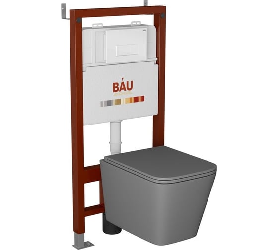 Комплект Bauedge BAU 6 в 1: инсталляция BAU PRO, унитаз подвесной безободковый торнадо обратного потока Bau Stil Hurricane-2, сиденье микролифт, темно-серый матовый, клавиша BAU Hotel, белый глянец Q111300-BS0001-HQ2-DG-Q00006