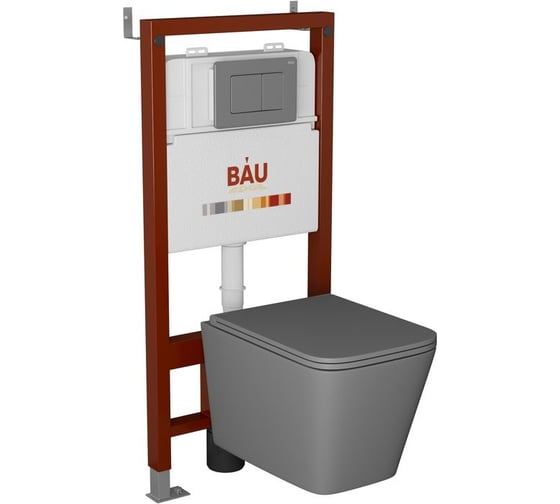 Комплект Bauedge BAU 6 в 1: инсталляция BAU PRO, унитаз подвесной безободковый торнадо обратного потока Bau Stil Hurricane-2, сиденье микролифт, серый матовый, клавиша Stil Gun Grey, темно-серый металлик Q111300-BS0001-HQ2-DG-Q00017