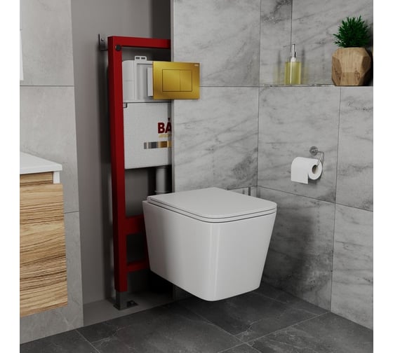 Комплект Bauedge BAU 6 в 1: инсталляция BAU PRO, унитаз подвесной безободковый торнадо обратного потока Bau Stil Hurricane-2, сиденье дюропласт микролифт, кнопка смыва BAU Stil, золото Q111300-BS0001-HQ2-Q00013