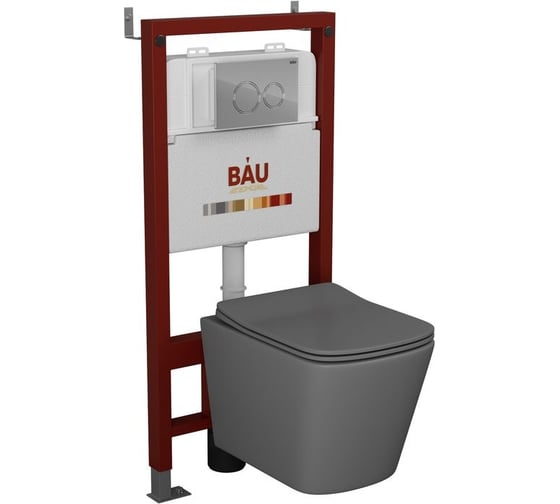 Комплект Bauedge BAU 6 в 1: инсталляция BAU PRO, унитаз подвесной безободковый Bau Stil 51x35, сиденье дюропласт микролифт,темно-серый матовый, клавиша BAU Dream, хром Q111300-BS0002-DG-Q00004 1