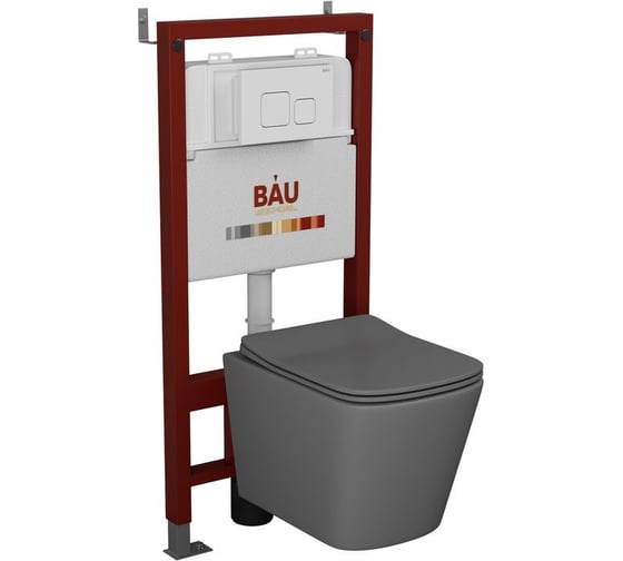 Комплект Bauedge BAU 6 в 1: инсталляция BAU PRO, унитаз подвесной безободковый Bau Stil 51x35, сиденье дюропласт микролифт,темно-серый матовый, клавиша BAU Soul, белая Q111300-BS0002-DG-Q00014