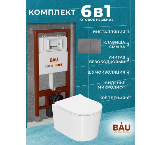 Комплект Bauedge BAU 6 в 1: инсталляция BAU PRO, унитаз подвесной безободковый Bau Hotel PRO, быстросъемное сиденье микролифт, кнопка смыва Stil Gun Grey, темно-серый металлик Q111300-NM0003-PRO-Q00017
