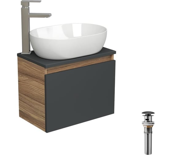 Комплект для ванной Bauedge 4 предмета (тумба подвесная Bau Blackwood 50 графит + раковина BAU 48x34 + смеситель Hotel Still, нерж. сталь, выпуск черный) BD2637 1