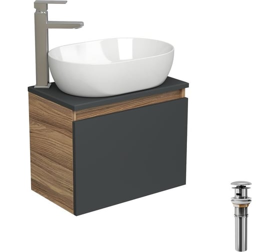 Комплект для ванной Bauedge 4 предмета (тумба подвесная Bau Blackwood 50 графит + раковина BAU 48x34, смеситель высокий Hotel Still, нерж. сталь, выпуск) BD2638 1