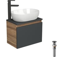 Комплект для ванной Bauedge 4 предмета (тумба подвесная Bau Blackwood 50 графит + раковина BAU 48x34 + смеситель высокий Hotel Black, черный, выпуск черный) BD2640