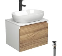 Комплект для ванной Bauedge 4 предмета (тумба подвесная Bau Blackwood 60 + раковина BAU 59x40 + смеситель высокий Hotel Black, черный, выпуск черный) BD2496