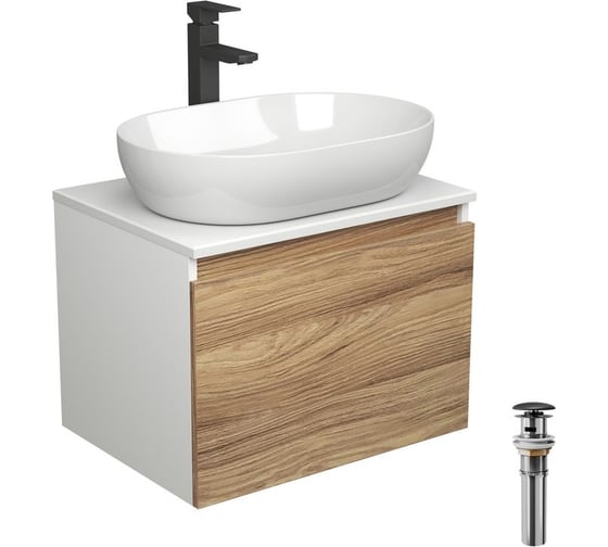 Комплект для ванной Bauedge 4 предмета (тумба подвесная Bau Blackwood 60 + раковина BAU 59x40 + смеситель высокий Hotel Black, черный, выпуск черный) BD2496 1