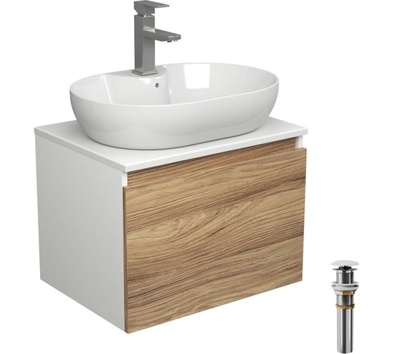 Комплект для ванной Bauedge 4 предмета (Тумба подвесная Bau Blackwood 60 + Раковина BAU 60x42, с отв. под см-ль + Смеситель Hotel Still, выпуск белый) BD2537