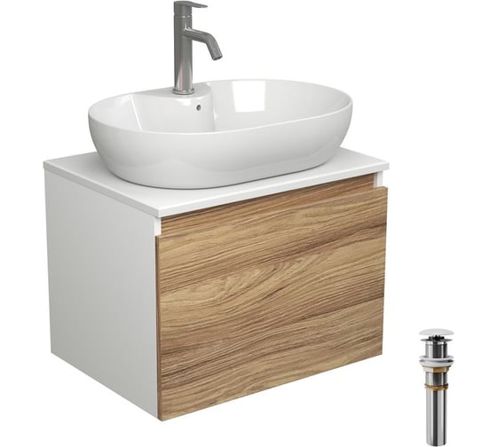Комплект для ванной Bauedge 4 предмета (Тумба подвесная Bau Blackwood 60 + Раковина BAU 60x42, с отв. под см-ль + Смеситель Dream, нерж. сталь, выпуск белый) BD2540