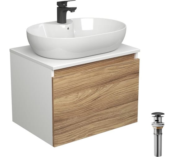 Комплект для ванной Bauedge 4 предмета (Тумба подвесная Bau Blackwood 60 + Раковина BAU 60x42, с отв. под см-ль + Смеситель Cerama Black, выпуск черный) BD2543 1