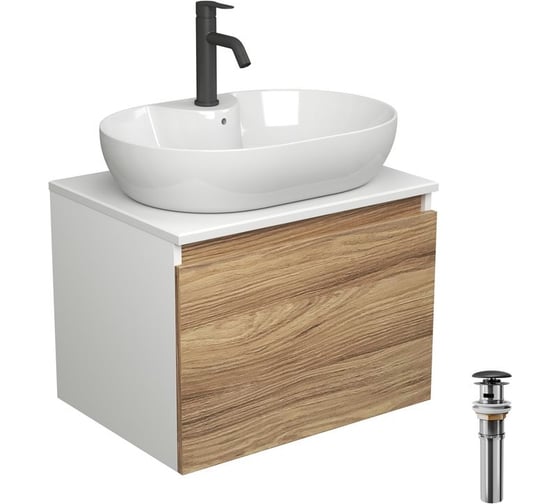 Комплект для ванной Bauedge 4 предмета (Тумба подвесная Bau Blackwood 60 + Раковина BAU 60x42, с отв. под см-ль + Смеситель Dream Black, выпуск черный) BD2541 1