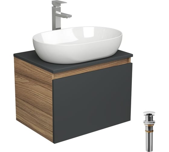 Комплект для ванной Bauedge 4 предмета (тумба подвесная Bau Blackwood 60 графит + раковина BAU 59x40 + смеситель Hotel Still, нерж. сталь, выпуск белый) BD2659 1