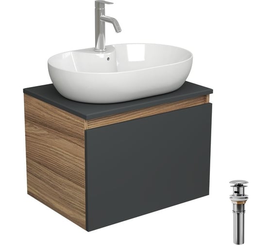 Комплект для ванной Bauedge 4 предмета (тумба подвесная Bau Blackwood 60 графит + раковина BAU 60x42, с отв. под см-ль, смеситель Dream, нерж. сталь, выпуск) BD2703 1
