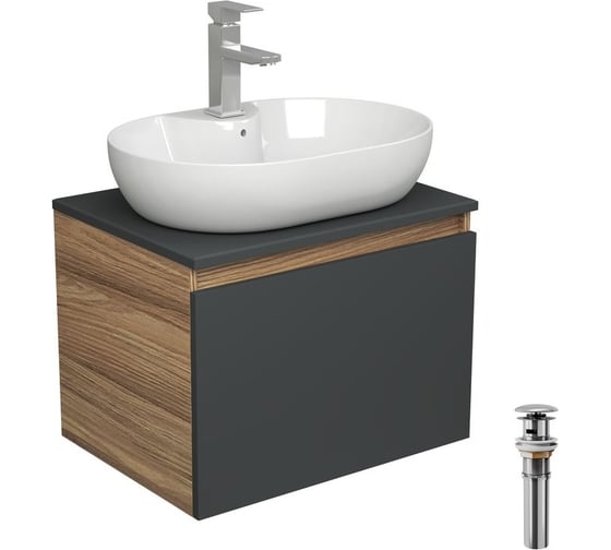 Комплект для ванной Bauedge 4 предмета (тумба подвесная Bau Blackwood 60 графит + раковина BAU 60x42, с отв. под см-ль, смеситель Hotel, нерж. сталь, выпуск) BD2700 1