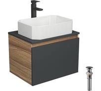 Комплект для ванной Bauedge 4 предмета (тумба подвесная Bau Blackwood 60 графит + раковина BAU Hotel 51x37 + смеситель Hotel Black, черный, выпуск черный) BD2650