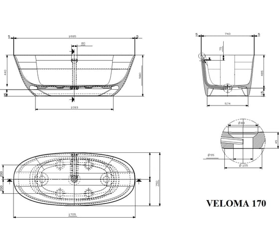 Ванна отдельностоящая с интегрированным переливом Plumberia Selection VELOMA белая матовая 170BO