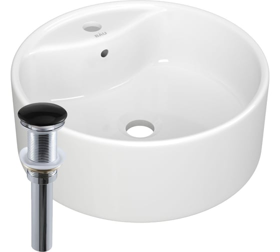 Раковина круглая накладная Bauedge BAU Element D40, с отверстием под смеситель, белая + выпуск клик-клак, черный BH1224 1
