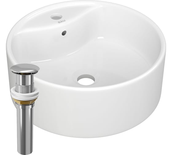 Раковина круглая накладная Bauedge BAU Element D40, с отверстием под смеситель, белая + выпуск клик-клак, хром BH1225 1