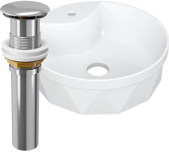 Раковина накладная Bauedge BAU Element Cristal D40, с отверстием под смеситель, белая + выпуск клик-клак, хром YBD2466