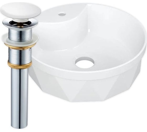 Раковина накладная Bauedge BAU Element Cristal D40, с отверстием под смеситель, белая + выпуск клик-клак, белый YBD2464 1