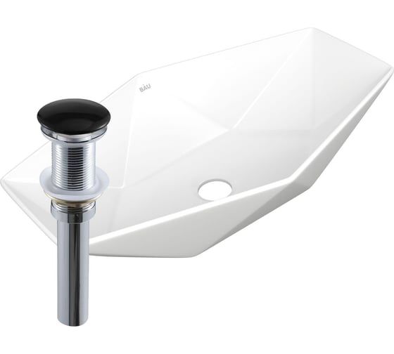 Раковина накладная на столешницу Bauedge BAU Crystal 64x40, белая + выпуск клик-клак, черный BH1212 1