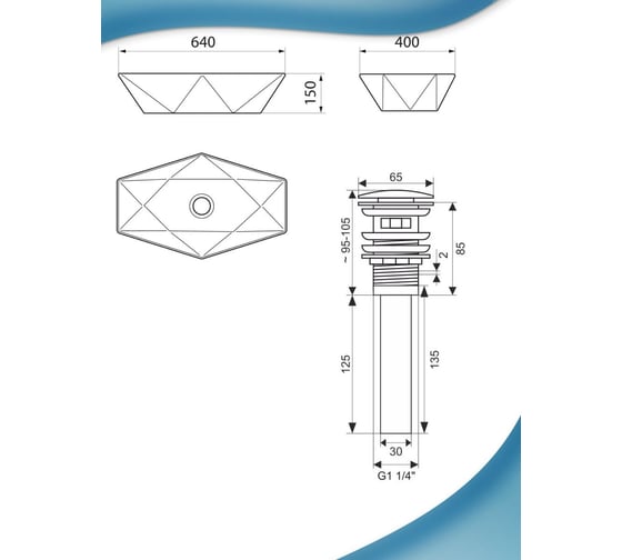 Раковина накладная на столешницу Bauedge BAU Crystal 64x40, мрамор, выпуск клик клак, черный YBD2453