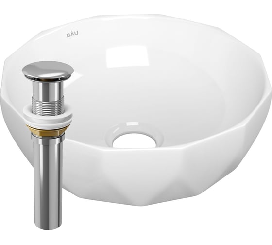 Раковина накладная на столешницу Bauedge BAU Diamond D40, белая + выпуск клик-клак, хром BH1203 1
