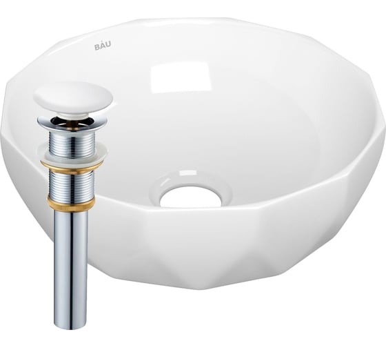 Раковина накладная на столешницу Bauedge BAU Diamond D40, белая + выпуск клик-клак, белый BH1201 1