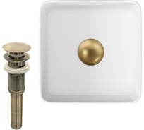 Раковина накладная на столешницу Bauedge BAU Mini квадратная 24x24 белая, выпуск клик клак, бронза BH1078