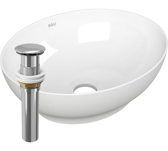 Раковина овальная накладная Bauedge BAU Nimb 41x33, белая + выпуск клик-клак, хром BH1183 1