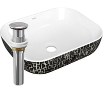 Раковина прямоугольная накладная Bauedge BAU Stil 50x40, белая/черная с орнаментом + выпуск клик-клак, хром BH1143