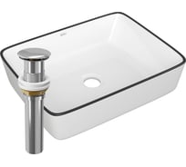 Раковина прямоугольная накладная Bauedge BAU Hotel 48x37, белая, черный кант + выпуск клик-клак, хром BH1123