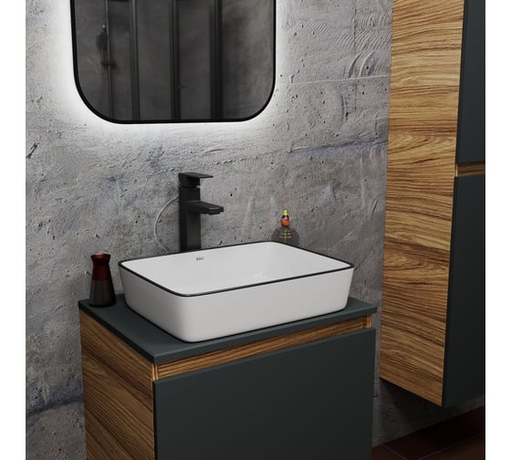 Раковина прямоугольная накладная Bauedge BAU Hotel 48x37, белая, черный кант + выпуск клик-клак, хром BH1123