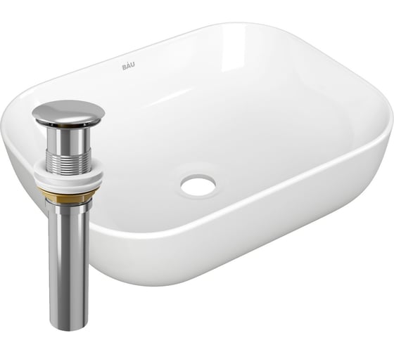 Раковина прямоугольная накладная Bauedge BAU Stil Pro 50x40, белая + выпуск клик-клак, хром BD2418 1