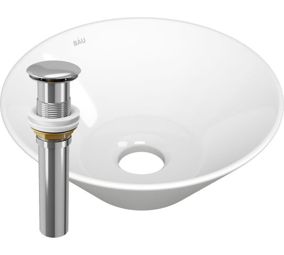 Раковина чаша накладная круглая Bauedge BAU Dream D43, белая + выпуск клик-клак, хром BH1153 1