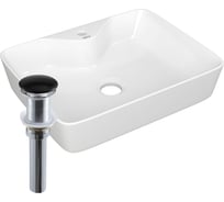 Раковина прямоугольная накладная Bauedge BAU Cerama 48x37, с отверстием под смеситель, белая + выпуск клик-клак, черный BH1239