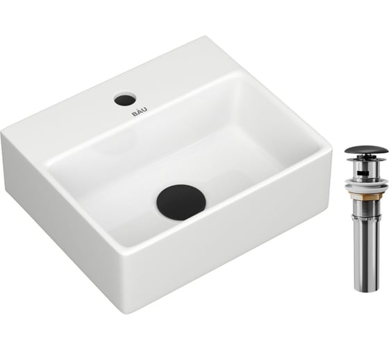 Раковина прямоугольная Bauedge BAU Cerama Mini 33x28, с отверстием под смеситель, белая + выпуск BH1257 1