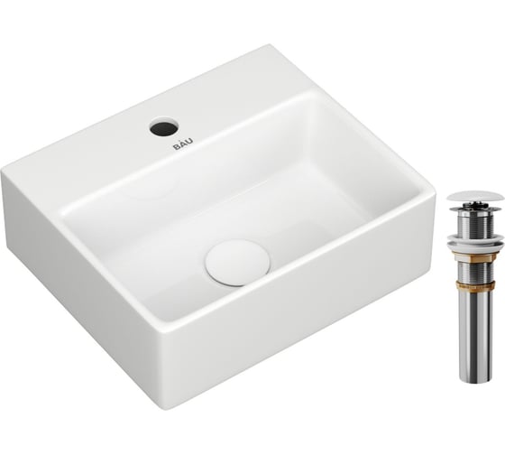 Раковина прямоугольная Bauedge BAU Cerama Mini 33x28, с отверстием под смеситель, белая + выпуск BH1256