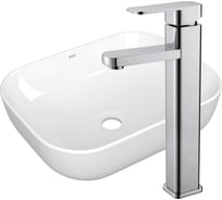 Раковина накладная прямоугольная со смесителем Bauedge BAU Stil Pro (50x40, белая + смеситель Hotel Still, нержавеющая сталь) BD2419