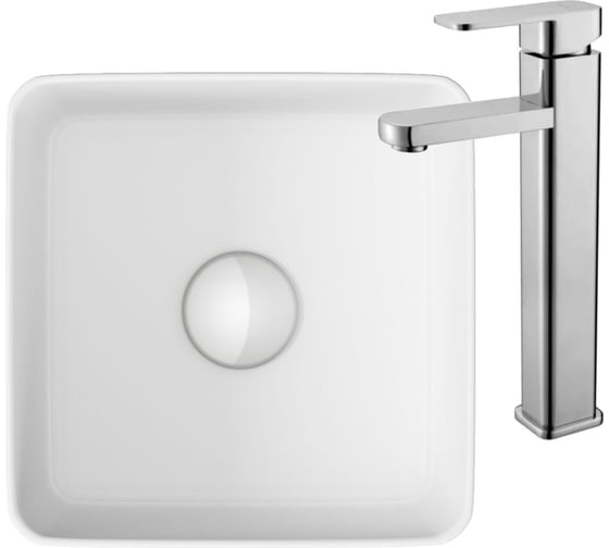 Раковина накладная со смесителем Bauedge BAU Mini (квадратная 24x24 белая + смеситель для раковины высокий Potato Hotel, хром) BH1022 1